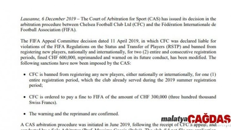 Chelsea'ye CAS'tan müjdeli haber