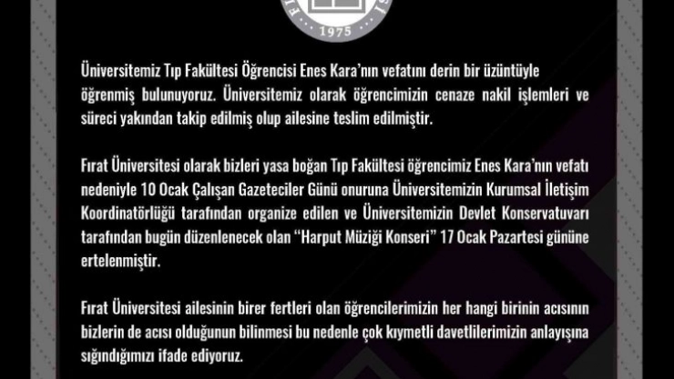 Fırat Üniversitesi, hayatını kaybeden tıp öğrencisi için konseri erteledi