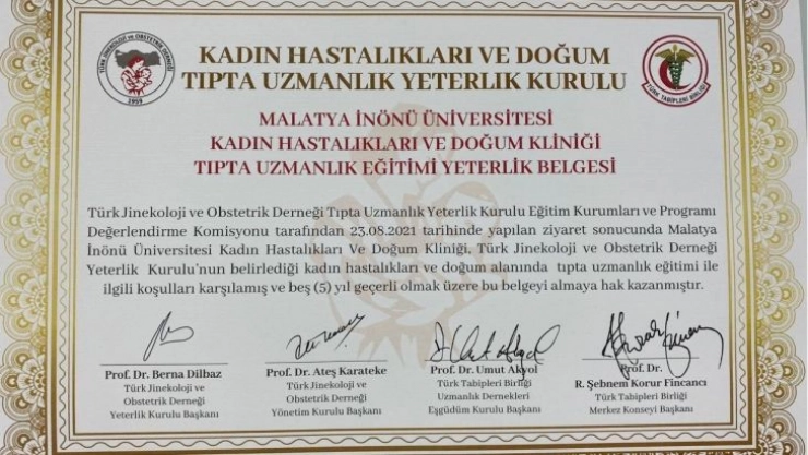 İnönü Kadın Hastalıkları ve Doğum Kliniği'ne yeterlilik belgesi