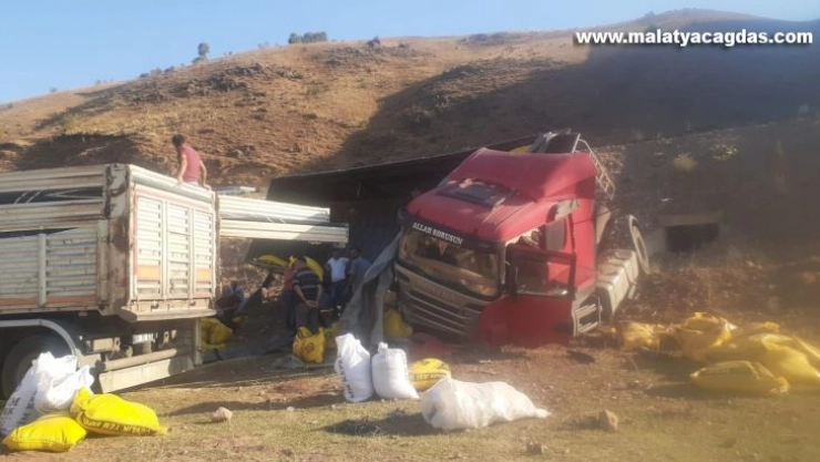 Kontrolden çıkan tır devrildi, yemler savruldu