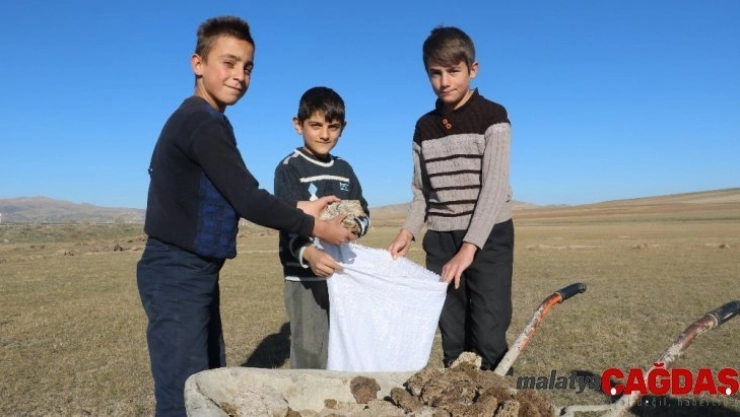 Öğrencilerin ara tatilde kışlık tezek mesaisi