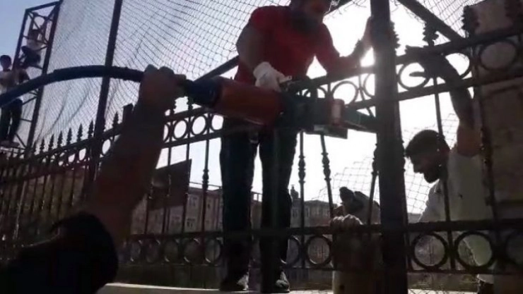 Okulun demir korkuluklarına sıkışan köpek kurtarıldı