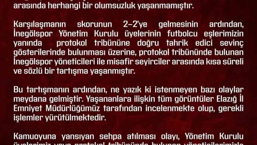 Elazığspor'dan olaylara ilişkin açıklama